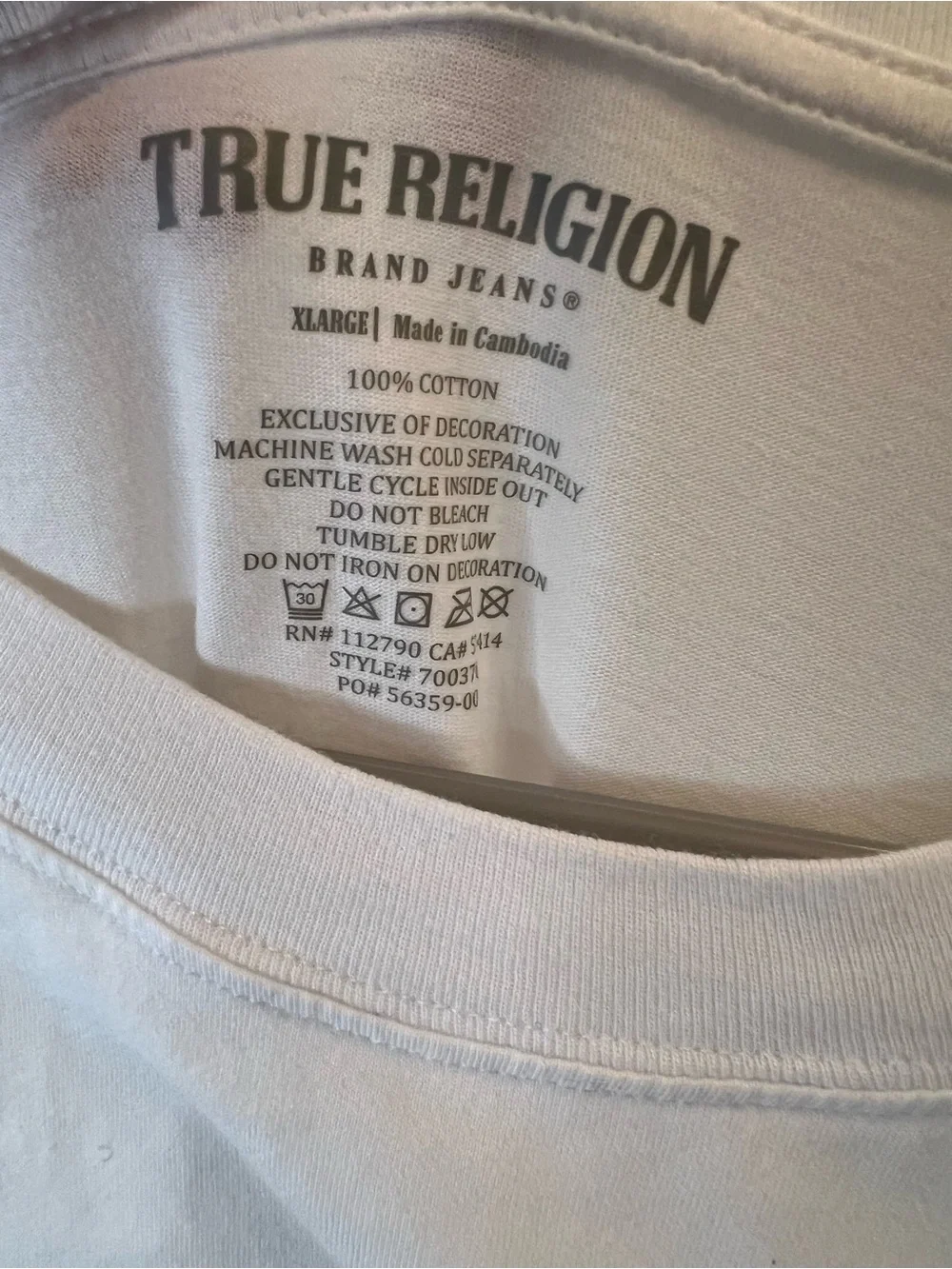 True Religion White Tee with Black Horseshoe and Red Side Tape